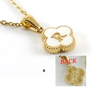 Gold Initial 'R' Clover Pendant Necklace - White & Gold